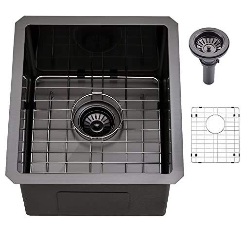 Black Bar Sink Undermount-Bokaiya 15X17 Inch Black Stainless Steel Wet Bar Sink 16 Gauge Single Bowl Small Undermount Bar Sink With Bottom Grid #TOP14