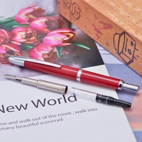 Image of GOLD LEAF Jinhao 20 Press Retractable Fountain Pen - Fine Nib with Converter - Plastic Body & Metal Clip - Multiple Colors - Smooth Writing Pen (No Ink Included) (Palace Red (Silver Clip))