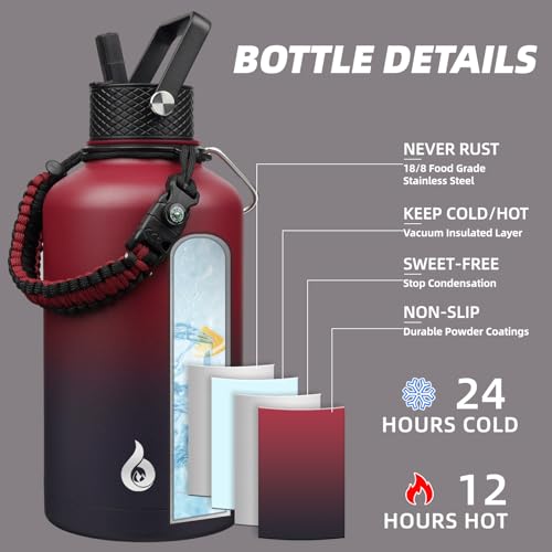 Image of BJPKPK Half Gallon Insulated Water Bottles with 3 Lids and Paracord Strap, 64oz Large, Stainless Steel Water Bottles with Straw Lid, Half Gallon Water Jug,Charming Red