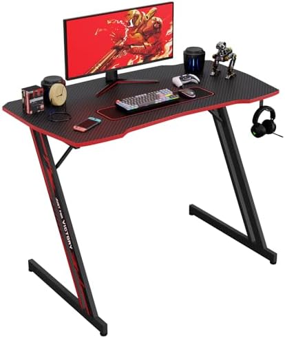 PayLessHere 39 Inch Modern Z-Shaped Computer Desk for Home Office with Headphone Hook – Sturdy Workstation Table with Spacious Desktop,Red