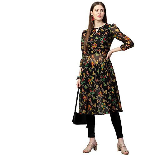 Image of GoSriKi Women's Chiffon Angrakha Kurta (KT-COT-10157-BLACK-GO)