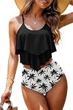 Adisputent Tankini Swimsuits for Women Flounce Bikini Top Tummy Control Modest Swimwear High Waisted Two Piece Bathing Suits Black L