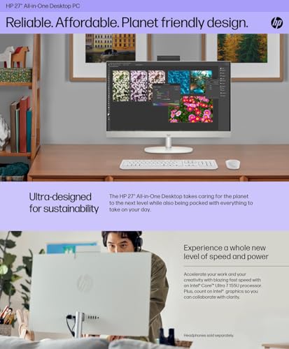 Image of HP 27 inch All-in-One Desktop Computer, FHD IPS Touchscreen, AMD Ryzen 5 7520U Processor, 16GB LPDDR5, 256GB SSD, Wi-Fi 6, HDMI, USB-C, Ethernet RJ-45, Wireless KB& Mouse, Windows 11 Pro