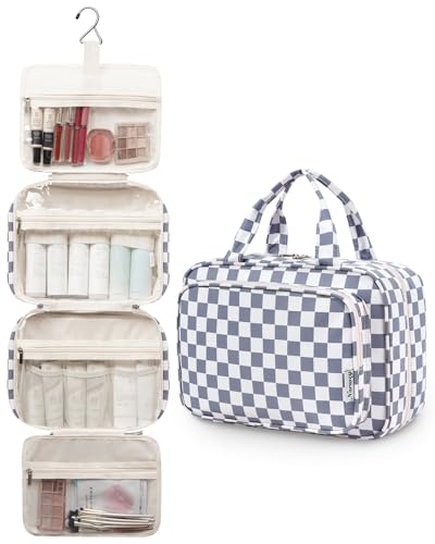 Image of Narwey Large Hanging Toiletry Bag Travel Makeup Bag Cosmetic Organizer for Women and Girls, Z-Grayish Blue Checkerboard, Large