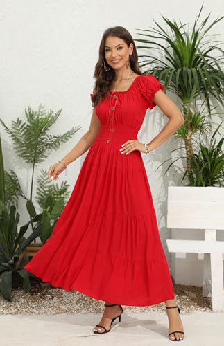 Image of OSTOO Women's Floral Maxi Dress Boho Summer Short Sleeve Smocked Waist Tiered Long Dress