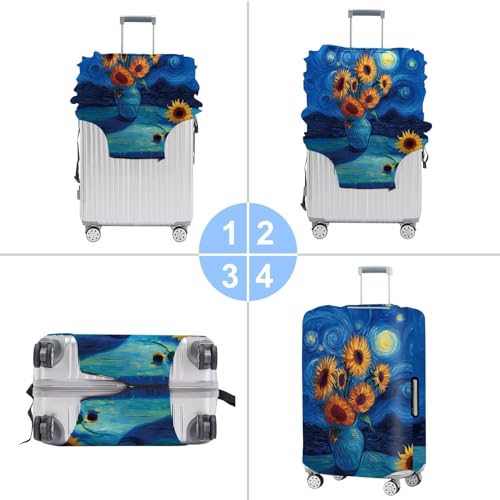 Image of Van Gogh Sunflowers Luggage Cover - Artistic Suitcase Protector with Starry Night and Vase Design - Fits 28-30 Inch Travel Luggage,L