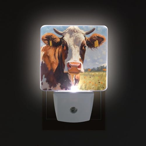 Image of Cow Cattle Night Lights 2 Pack Plug-in Wall Led Nightlight Auto Dusk-to-Dawn Sensor Lamps for Bedroom Kitchen Bathroom
