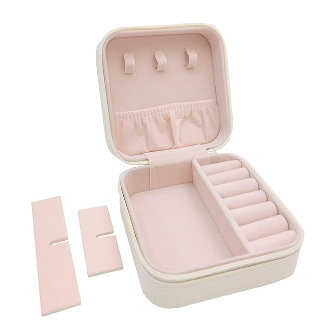 Image of Ballotte Jewellery Organiser PU Leather Zipper Portable Storage Box Case with Dividers Container for Rings, Earrings, Necklace Home Organizer (WHITE BOX)