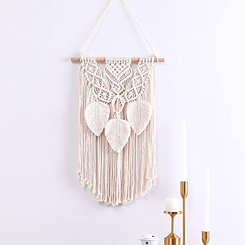 Tapisserie Murale en Macramé Décor Boho,Coton Tissée à La Main Tenture Murale en Macramé Décor Mural Suspendu,Plume Tapisserie Tissé,Bohème Macrame Décor Géométrique-Beige 35x60cm