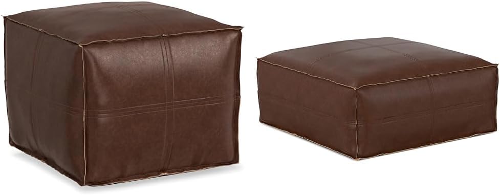 SIMPLIHOME Brody 18-Inch Wide Pouf and 30-Inch Wide Large Square Coffee Table Pouf Bundle in Distressed Dark Brown, Vegan Faux Leather Ottoman, Footrest, Extra Seating for Living Room, Assembled