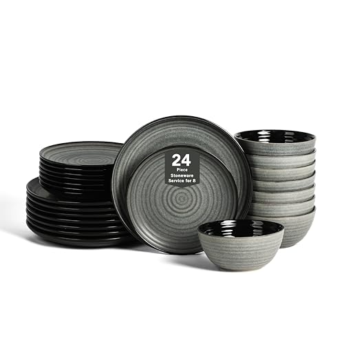 Stone Lain Dua 24-Piece Dinnerware - Stoneware, Plate and Bowls, Dishwasher and Microwave Safe, Dish Set for 8, Black