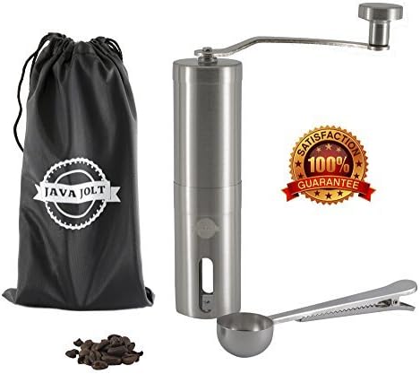 Manual Coffee Grinder By Java Jolt, Stainless Steel Mill: Adjustable Ceramic Conical Burr Premium Grinding Mill Includes Bonus Travel Pouch and Spoon Clip