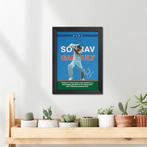 Image of TenorArts Sourav Ganguli Poster with Quotes Indian Legend Cricket Player Photo Frame Painting with Matt Finish Black Textures (12 inches x 9inches)