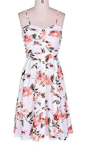 Image of Women's Summer Casual Dress Florals Buttons Down Ruched Sweetheart Neck Sleeveless Midi Sundress