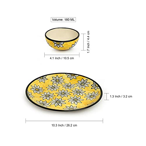Image of ExclusiveLane 'Californian Sunflowers' Handpainted Ceramic Plates for Dinner Set Ceramic Dinner Plate with Katoris & Ceramic Bowl (3 Pieces, Serving for 1, Dishwasher & Microwave Safe)