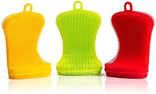 Miracle Market Silicone Dish Sponge 12.5 x 6.8 x 1.6 cm, 3 Pack | Gentle and Hygienic Kitchen Silicone Sponge for Non-Scratch Dish Washing, Cleaning | Colorful Multipurpose Dish Scrubber + e-book