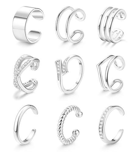 Morfetto Zehenring Gold Damen Wasserfest 9 Stück - Verstellbar Offene Kleine Ringe Gold Band CZ Zehenringe Set Silber Hypoallergen Sommer Strand Fußschmuck Silber Zirkonia