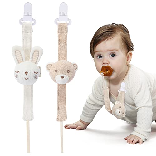 Image of COTTONBEBE Pacifier Clip, 2 Pack Baby Pacifier Holder for Boys and Girls Fits Many Pacifiers & Baby Teething Toys, Ideal Baby Gift (Rabbit&Bear)