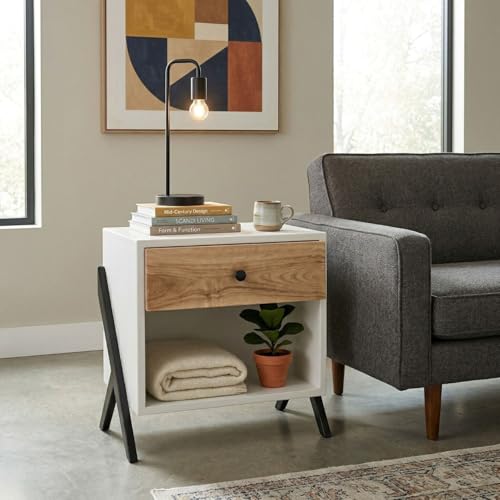 Image of FFO Modern Bedside Table with Drawer & Open Storage | Wooden Finish Nightstand | Side Table for Bedroom | Engineered Wood with Metal Legs | 60x40x54 cm | Oak & White