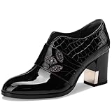 TDD Patent Leather Ankle Boots for Women Chunky Block Extra Wide Booties Botas Para Mujer High Heels Dress Warm Lined Classic Ladies Comfortable Fashion Dressy 3 Inch Boot (Black, Size 9.5)