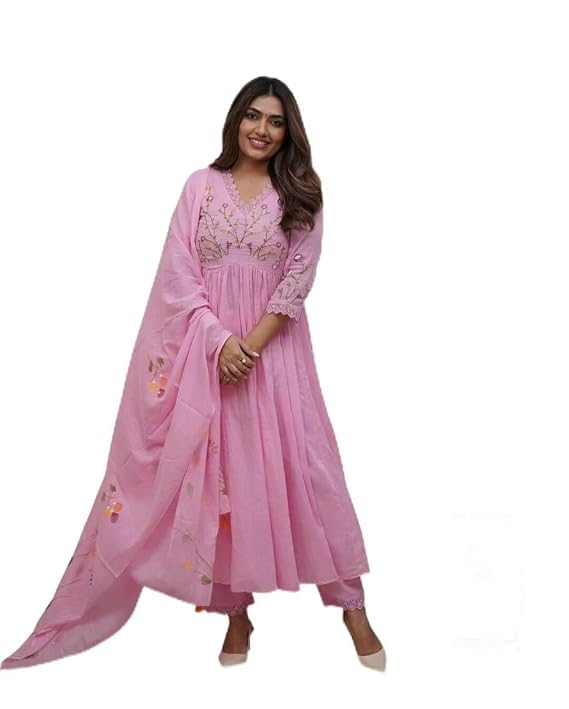 Image of KANCHAN TRADERS Women's Cotton Round Neck 3 /4 Sleeve Chikankari Embroidered Printed Kurta Palazzo with Dupatta Set