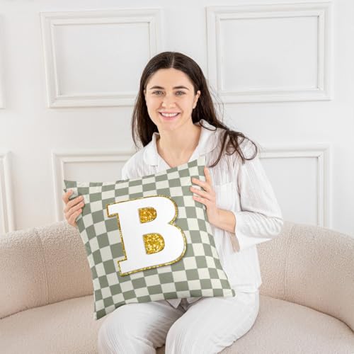 Image of Erosebridal Sage Green Checkered Throw Pillow Covers 24x24 Set of 2 Plaid Initial B Cushion Cover Personalized Monogram Throw Pillow Case for Bed Couch Sofa Fashion Grids Gingham Home Decor