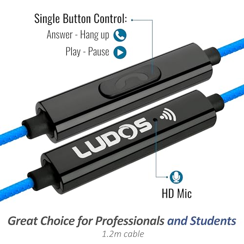 Image of LUDOS Clamor Wired Earbuds in Ear Headphones with Microphone, Earphones with Mic and Volume Control, Memory Foam, Reinforced Cable, Bass Compatible with iPhone, Apple, iPad, Computer, Laptop, PC