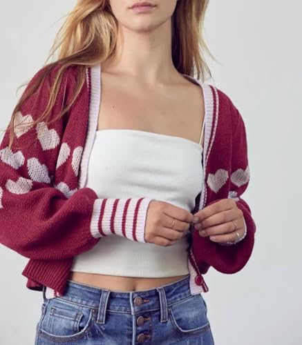 Image of Valentine's Day Cardigan Sweaters for Women Love Heart Print Button Down Cropped Cardigans Y2K Open Front Knit Sweater