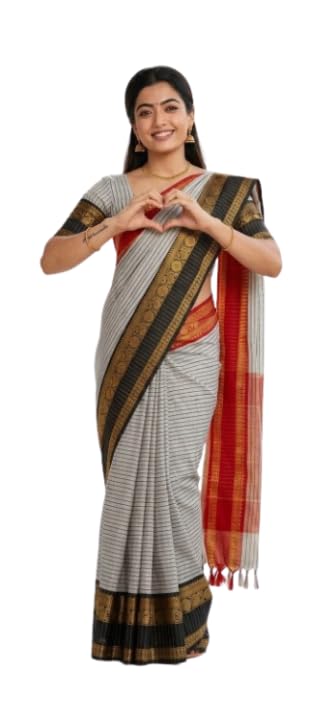 Women's Traditional Cotton Blend Saree with Rich Black & Gold Zari Border, Red Contrast Pallu, Lightweight Ethnic Festival Daily Wear Ganga Jamuna Broad Border Pattu Weaving - Red Black-picture-10