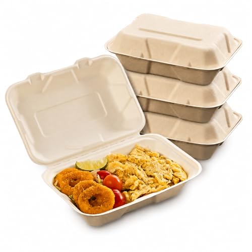 Caneeco 50-Pack Bagasse Sugarcane Takeaway Meal Boxes 9x6 Clamshell Food Containers TUV Home Compostable Certified Unbleached PFAS Free & Sturdy for Hot & Cold Food Restaurants BBQs Parties
