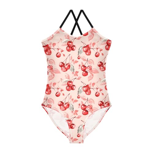senya Girls Swimsuits One-Piece Swimwear Tie Bathing Suit Beach Summer Round Neck 5-6T Watercolor Cherries on Pink Pattern