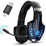 ゲーミングヘッドセット無線 有線 両用 2.4GHz 7.1ch FPS向け ヘッドセット マイク付き 低遅延 騒音抑制 重低音 密閉型 重低音 コントローラーミュート 伸縮可能 PC PS5 PS4 スマホ xboxone switch LEDライト青 黒