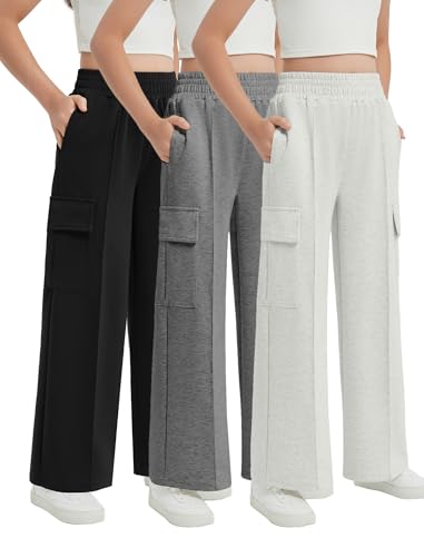 EXARUS Girls Sweatpants Wide Leg Baggy Teen Sweat Pants Cargo/Side Striped/Crossover V Waist Casual with Pockets 6-14Y