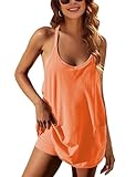 Lentta Womens Athletic Sleeveless Mini Dress with Built-in Shorts V Neck Spaghetti Strap Sundress(Orange-M)