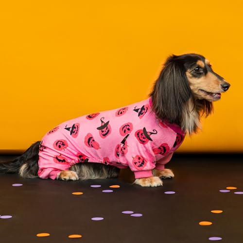 Image of Fitwarm Halloween Jack O Lantern Dog Pajamas, Funny Costumes for Small Dogs Girl, Pet Outfit, Pink, Black, Large