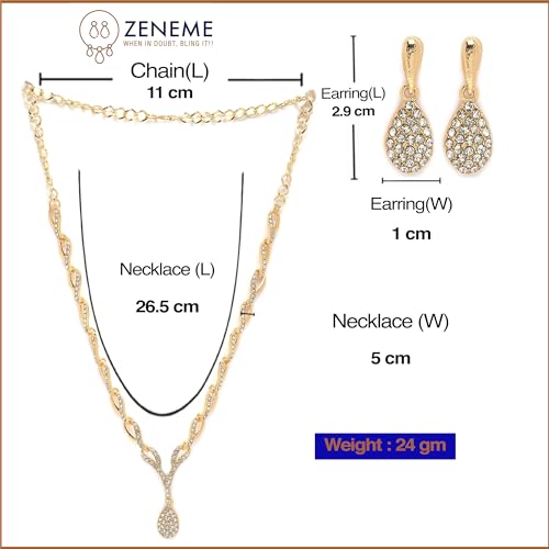 Image of ZENEME Oxidised Silver-Plated Cubic Zirconia Studded Teardrop Shaped Necklace With Earrings Jewellery Set For Girls and Women