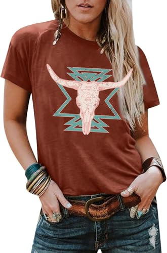 Western Shirts for Women Vintage Cow Skull Graphic Tshirts Casual Cowgirl Short Sleeve Tee Top