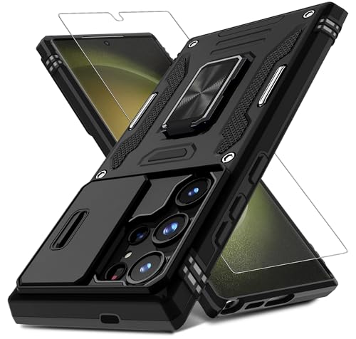 DEERLAMN Case for Samsung Galaxy S25 Ultra with Slide Camera Cover+Screen Protector (1 Pack), Rotated Ring Kickstand Military Grade Shockproof Protective Cover-Black