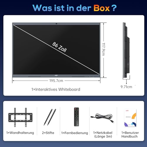 JAV Smart Board 86 Zoll Interaktives Whiteboard Google EDLA Zertifiziert Android 14 Digitales Elektronisches Whiteboard 8+128 GB Eingebaute 48MP AI Kamera für Büro Schule (Inklusive Wandhalterung)