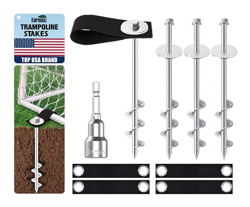 Eurmax USA Ground Anchors Screw in Trampoline Anchors High Wind Tent Stakes Heavy Duty Ground Stakes Trampoline Stakes Anchor Kit Set of 4 Bonus 4 Strong Belt (Silver)