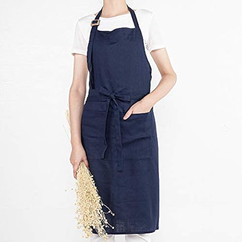 ATLINIA 100% Linen Adjustable Apron with Button Netural Kitchen Apron for Women Men Bib Apron with Pockets for Baking Cooking Navy Blue Cover