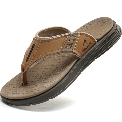 Quickshark Mens Flip Flops Leather Thong Sandals Arch Support Beach Slippers