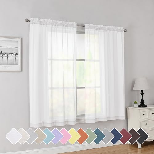 Image of Simplebrand White Short Sheer Curtains 45 Inch Length for Small Windows, Rod Pocket 2 Panels Set Solid Voile Drapes Window Sheer Curtains for Bedroom Bathroom Kids Room Kitchen, 42x45 Inch, White