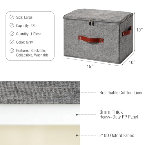 Image of Storage Bin Box with Zippered Lid Cotton Linen Fabric Decorative Basket with PU Leather Handles PP Plastic Board Foldable Lidded Clothing Shelf Closet Organizer Container (Gray, Large)