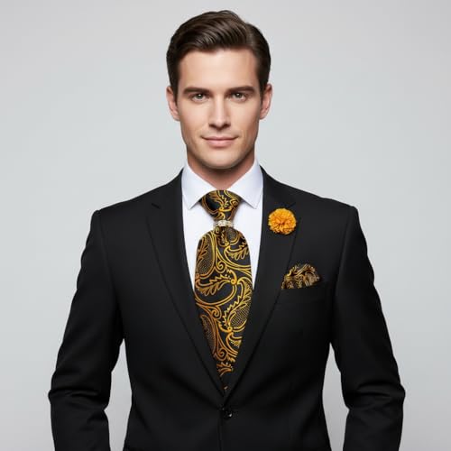 Image of 5PCS Tie and Pocket Square for Men, Silk Necktie and Handkerchief Cufflinks with Gold Ring and Lapel Pin Set