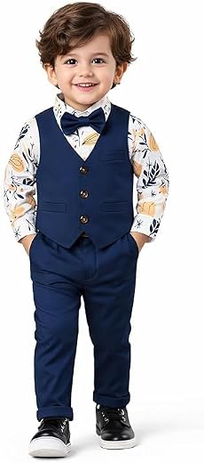 Boys 3 Piece Suit Set – Orange Flower Print Shirt with Waistcoat, Bow Tie &amp; Pants | Formal Wear for Boys Kids | Kids Forma...