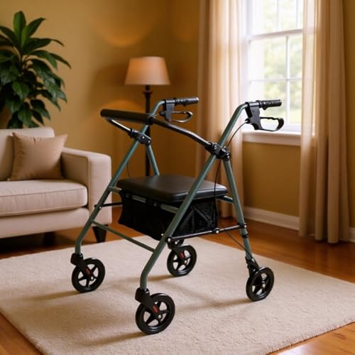 VGVG歩行用の車輪と座席を備えた高齢者用ショッピングカート、 カー ショッピングカー 座れる 高さ調節可 折りたたみ 、食料品の買い物用の折りたたみ式歩行器 (グリーン)