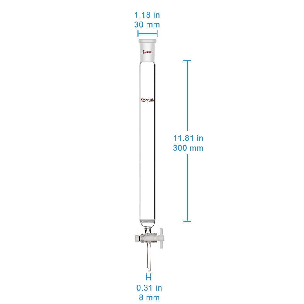 stonylab Colonna Cromatografia in Vetro Borosilicato, Chromatography Column 24/40 Giunto con Disco Frittato e Rubinetto di Arresto in PTFE, Lunghezza Effettiva 300 mm e Colonna O.D. 30 mm