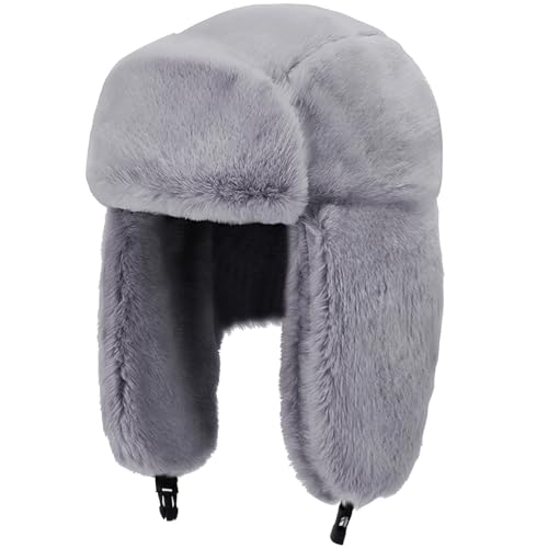 Cozy Plush Winter Hats Men Women Trapper Trooper Hat with Earflaps Windproof Russian Ushanka Hats Outdoor Skiing Cap (US, Alpha, One Size, Gray)