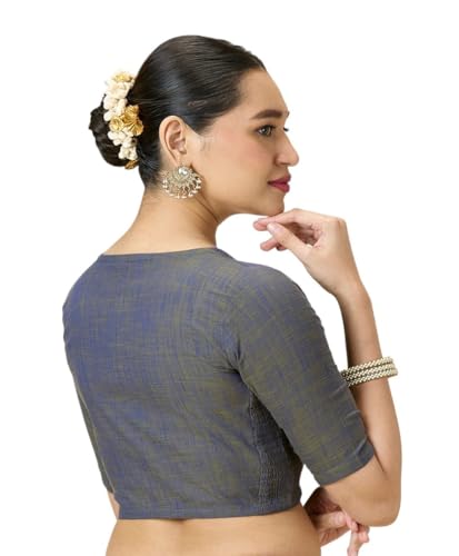 Image of Studio Shringaar Women's Handloom Cotton Side Stretchable (Smocked) Readymade Saree Blouse with Crochet Neckline